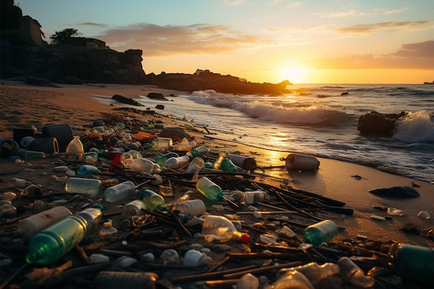 Seashore marred by plastic bottles and debris illustrating beach pollutions ecological impact