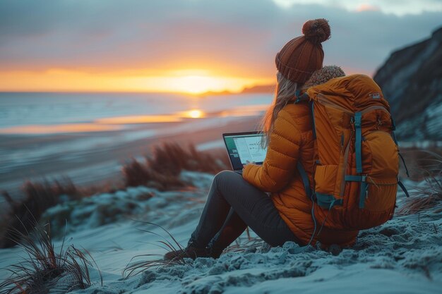 Seashore Remote Work Woman with Backpack and Laptop at Sunset