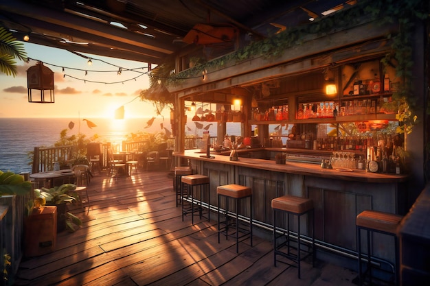 A seaside bar with tropical drinks and sunset views