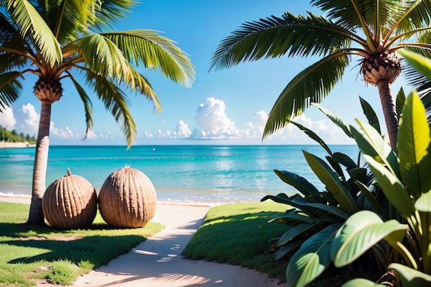 Photo seaside beach coconut palm trees nature landscape wallpaper background illustration ornamental