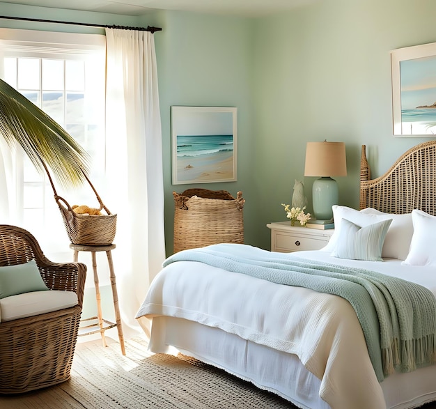 Photo seaside bedroom with driftwood accents and natural textures