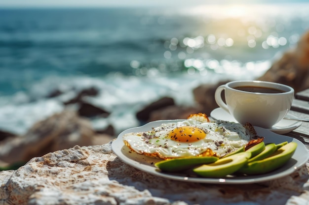 Photo seaside breakfast with avocado eggs and coffee