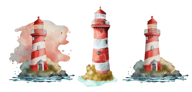 Seaside cartoon lighthouse cute watercolor illustration isolated on white background