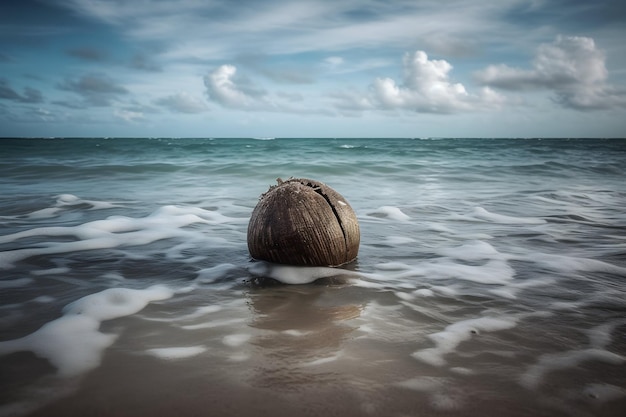 Seaside Escape A Coconut on the Surf of a Beautiful Tropical Coastline