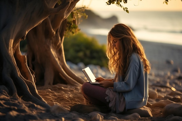 Seaside Exploration Teenage Girl Engages with Digital Tablet Generative AI