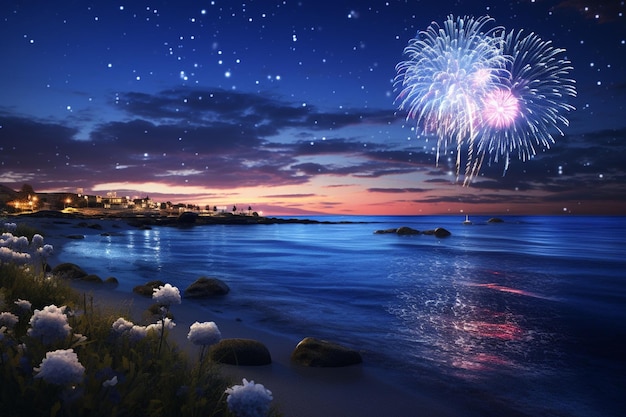 Seaside firework display against a night sky Generative ai