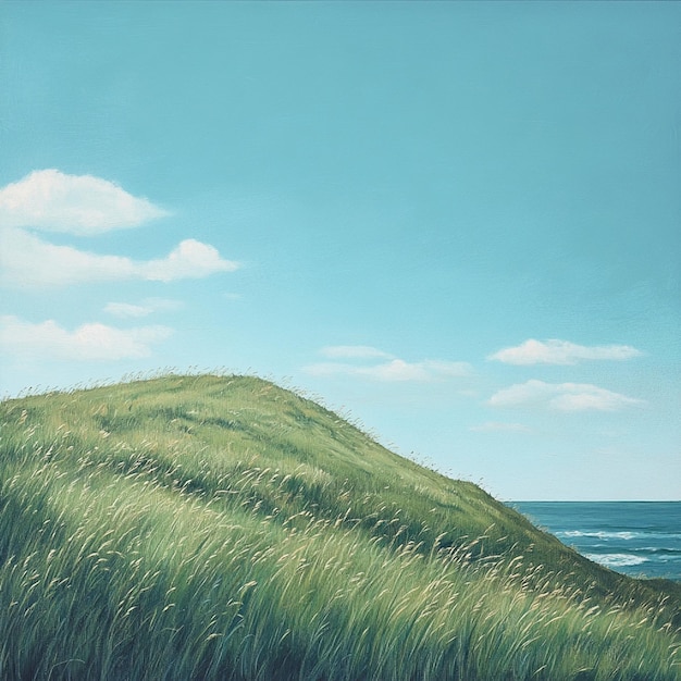 A seaside hill shrouded in ocean side grass settling the sand