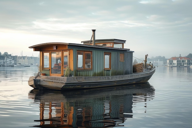 A seaside houseboat moored along a tranquil bay