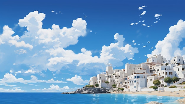 Seaside of a mediterranean resort town with blue ski