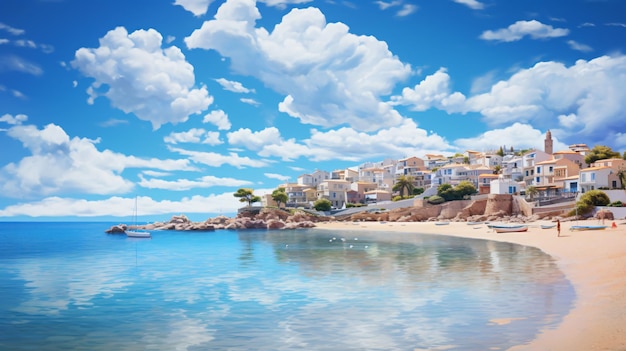 Seaside of a mediterranean resort town with blue sky