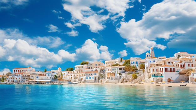 Seaside of a mediterranean resort town with blue