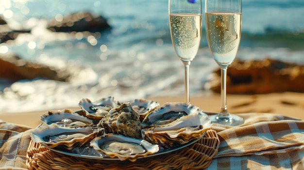 Seaside picnic with oysters sparkling wine and beach blanket relaxation by the sea