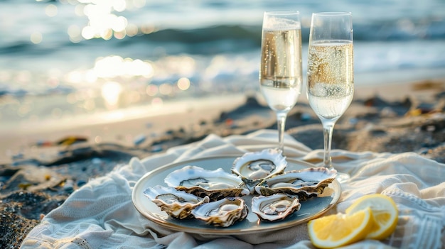 Seaside picnic with oysters sparkling wine and blanket on sandy beach by the sea