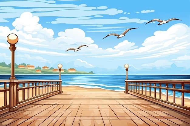 Seaside Pier with Seagulls Background Vector