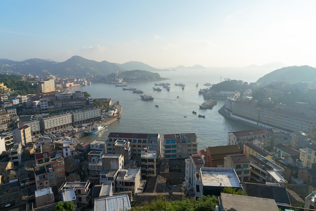 Seaside port with residental houses around in Taizhou Zhejiang