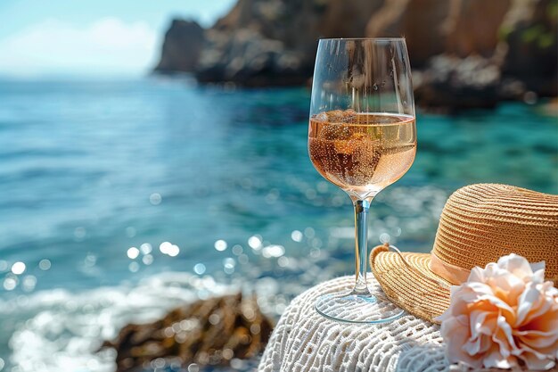 Photo seaside relaxation with wine and sun hat