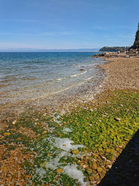 seaside resort town in Slovenian coast. orange sunset sky in summer. Scenic view to Adriatic sea