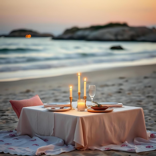 Photo seaside romance dinner setup