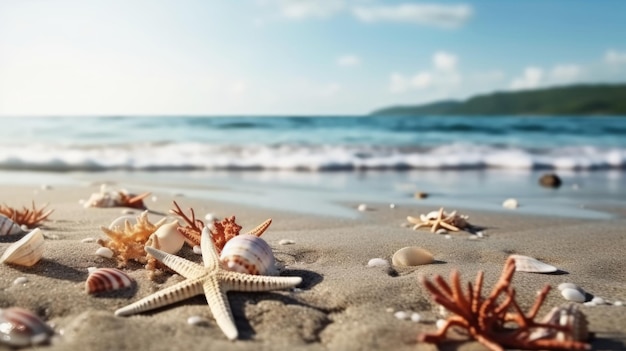 Seaside summer beach with starfish shells coral on sand generative ai