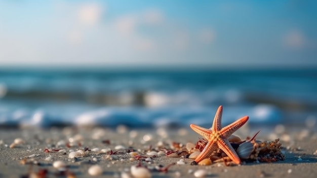 Seaside summer beach with starfish shells coral on sand generative ai