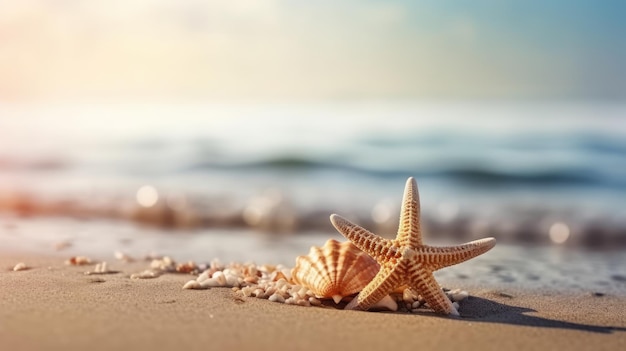 Seaside summer beach with starfish shells coral on sand generative ai