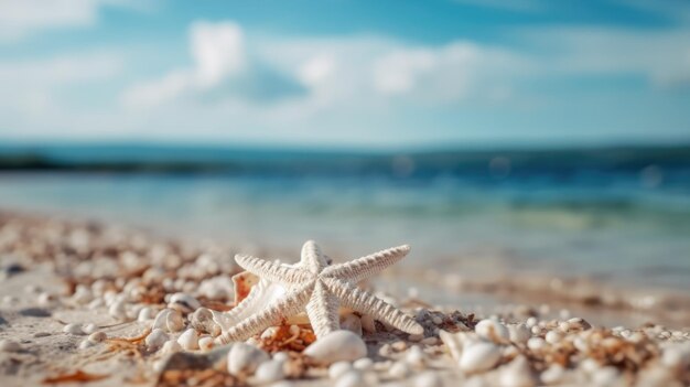 Seaside summer beach with starfish shells coral on sand generative ai