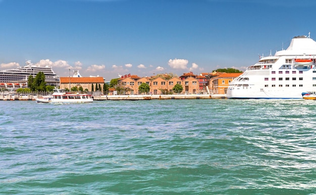 Seaside town with a cruise ship at the pier