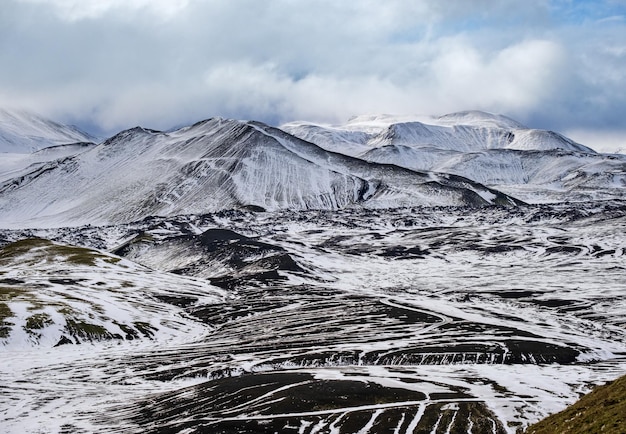 Season changing in southern Highlands of Iceland Colorful Landmannalaugar mountains under snow cover in autumn