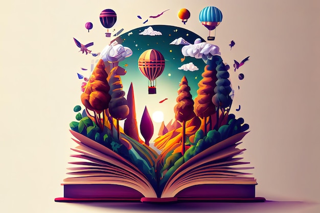 Season fairy tale storybook textbook Town forest aerostat rocket plane space sky Vector illustration