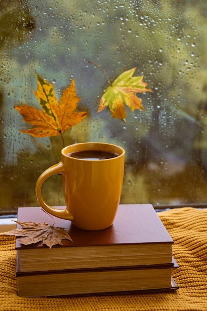 Season, leisure and objects concept - red cup of tea, books, autumn leaves and candle on window after the rain