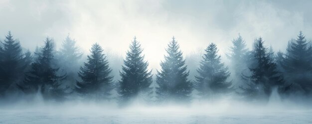 Photo seasonal background with snow covered trees in a pale fog tranquil winter woodland banner