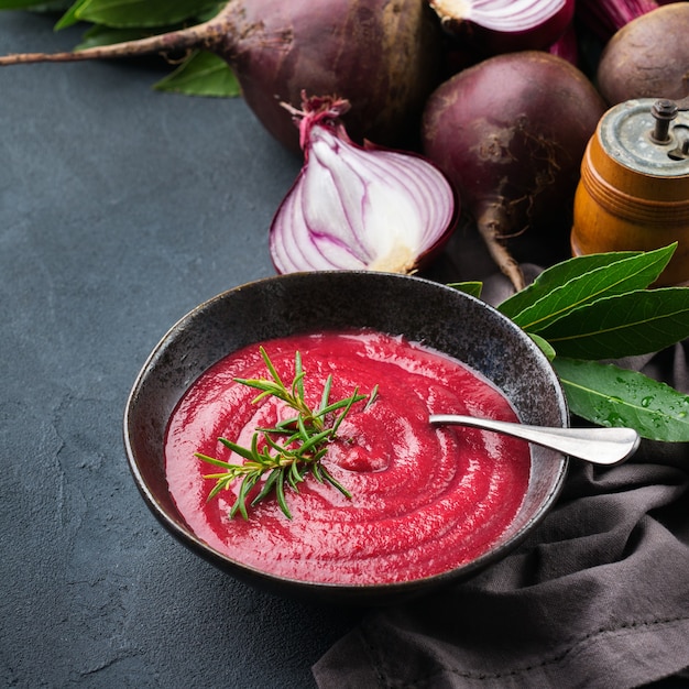 Seasonal fall autumn creamy beetroot soup on a table