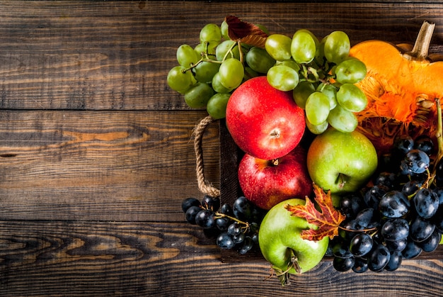 Seasonal fall fruits and pumpkin