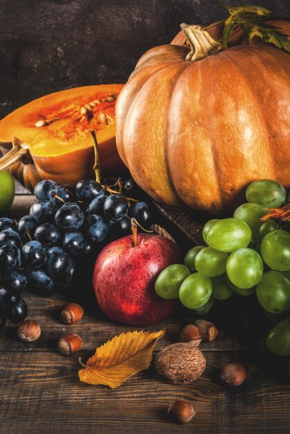 Seasonal fall fruits and pumpkin