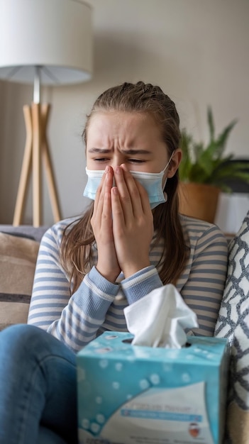 Seasonal flu teen girl has runny nose at home