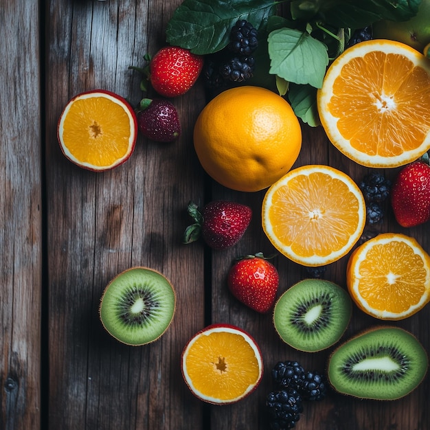 Seasonal mixed fruits on the wooden background Asia fruits