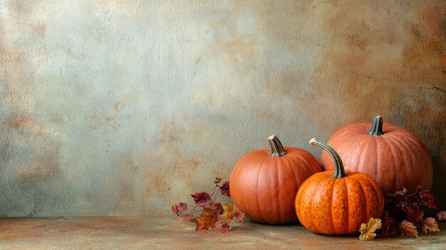 Seasonal pumpkins displayed against a cozy autumn background with copy space