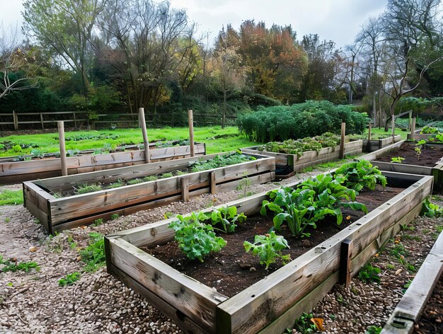 Photo seasonal tasks preparing and tending to empty raised beds in a uk vegetable garden