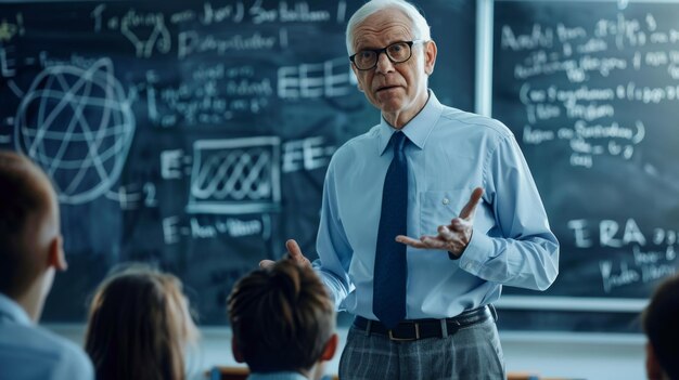 Photo a seasoned educator discusses complex topics with students in front of a chalkboard filled with formulas