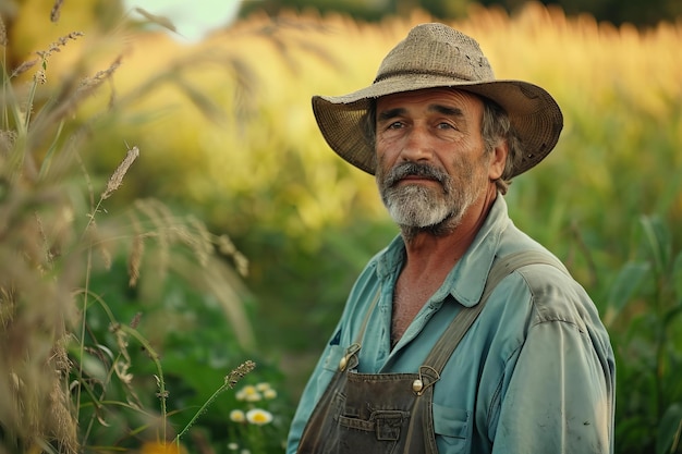 Seasoned farmer in golden hour fields