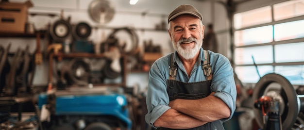 Seasoned mechanic with a warm smile stands proudly in his workshop surrounded by tools and memories