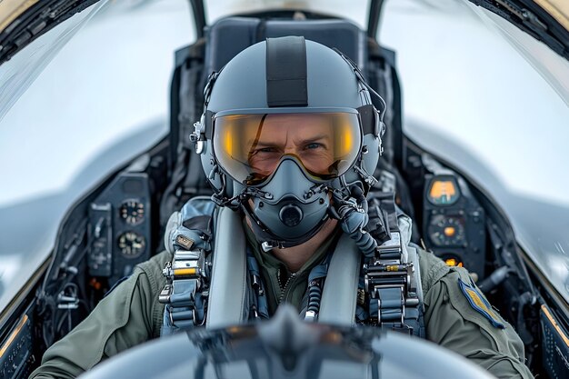 Photo seasoned pilot confidently guiding advanced aircraft through the skiestheir steady hands on the controls and determined expression conveying expertise and professionalism