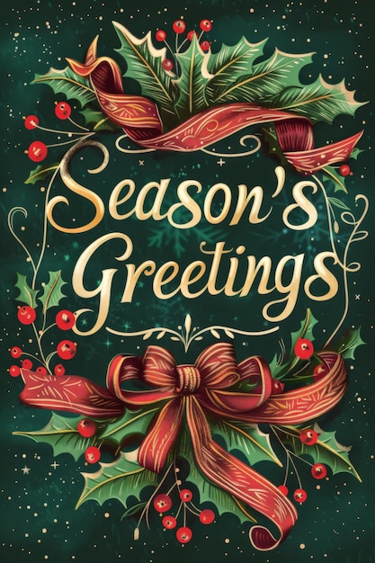 Seasons Greetings Card with Holly and Ribbon