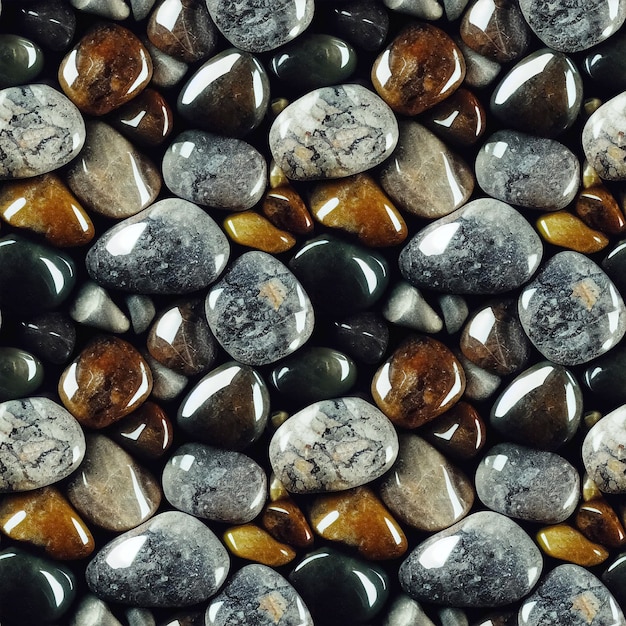 Seastones seamless pattern Polished rounded pebbles repeating background Realistic 3D illustration