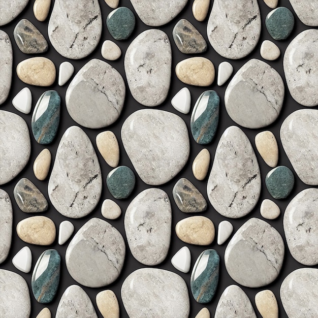 Seastones seamless pattern Polished rounded pebbles repeating background Realistic 3D illustration