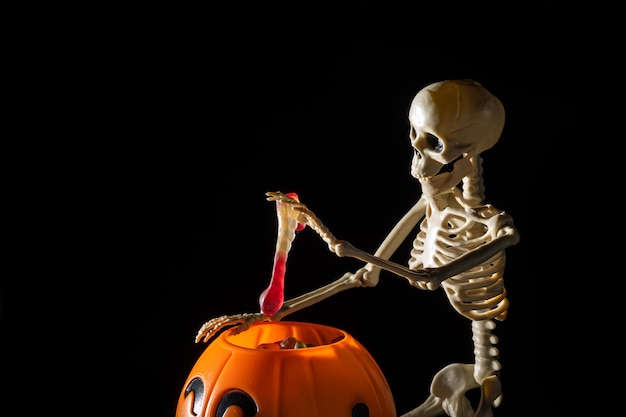 A seated skeleton pulls out of a bucket in the shape of a pumpkin candy on a black background Halloween Trick or Treat