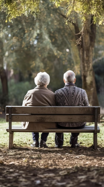 Seated on wooden bench elderly man and woman enjoy green park view from behind