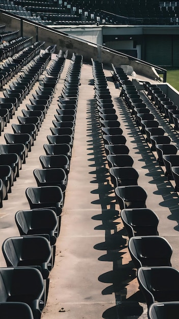 Photo seats of black tribune on sport stadium empty outdoor arena concept of fans chairs for audience