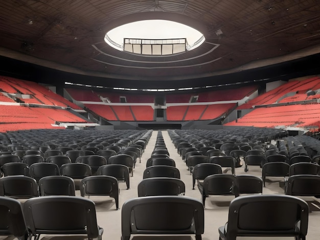 Seats of black tribune on a sports stadium empty outdoor arena