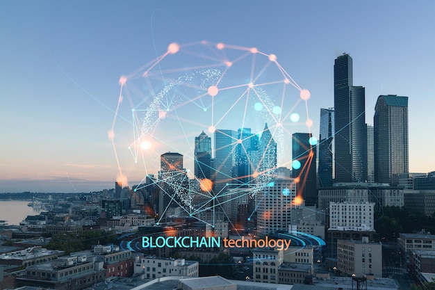 Seattle aerial skyline panorama of downtown skyscrapers at sunset Washington USA Decentralized economy Blockchain cryptography and cryptocurrency concept hologram